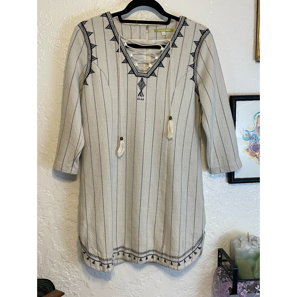🌻Gianni Bini {L} Ivory/Cotton Boho Long Sleeve Mini Dress - Picture 1 of 12
